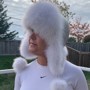 Real leather and fox fur hat, lined, soft grey, new item, Ushanka, Trapper hat